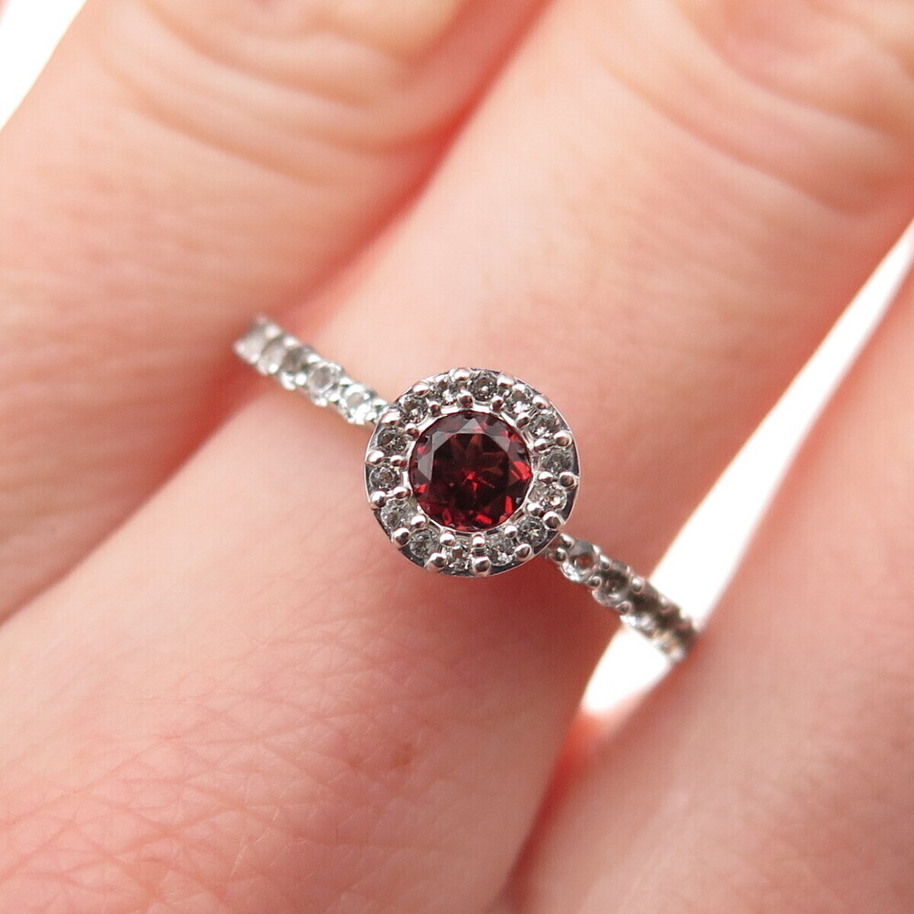 925 Sterling Silver BMD Real Round-Cut Red Garnet & White Topaz Ring Size 6.75